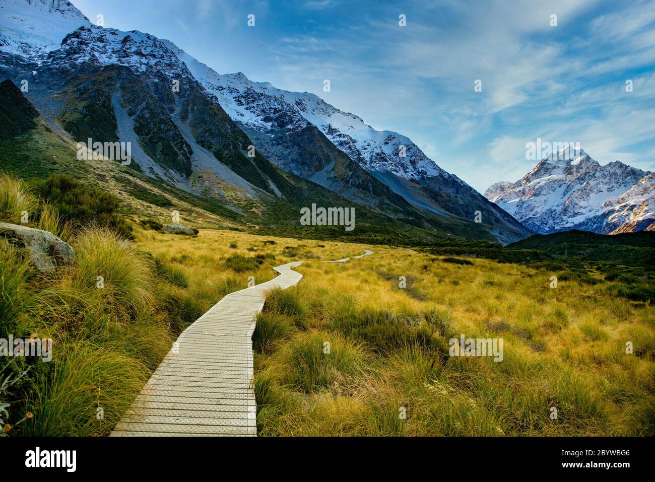 The wooden boardwalk providing the pathway through Hooker Valley Track