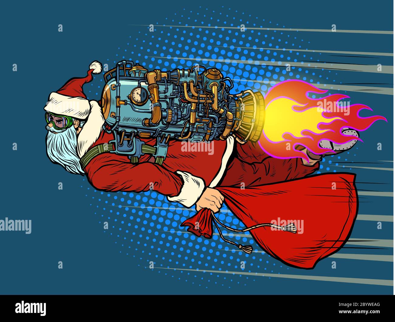 Santa Claus is flying on a rocket backpack. Christmas and New year Stock Vector