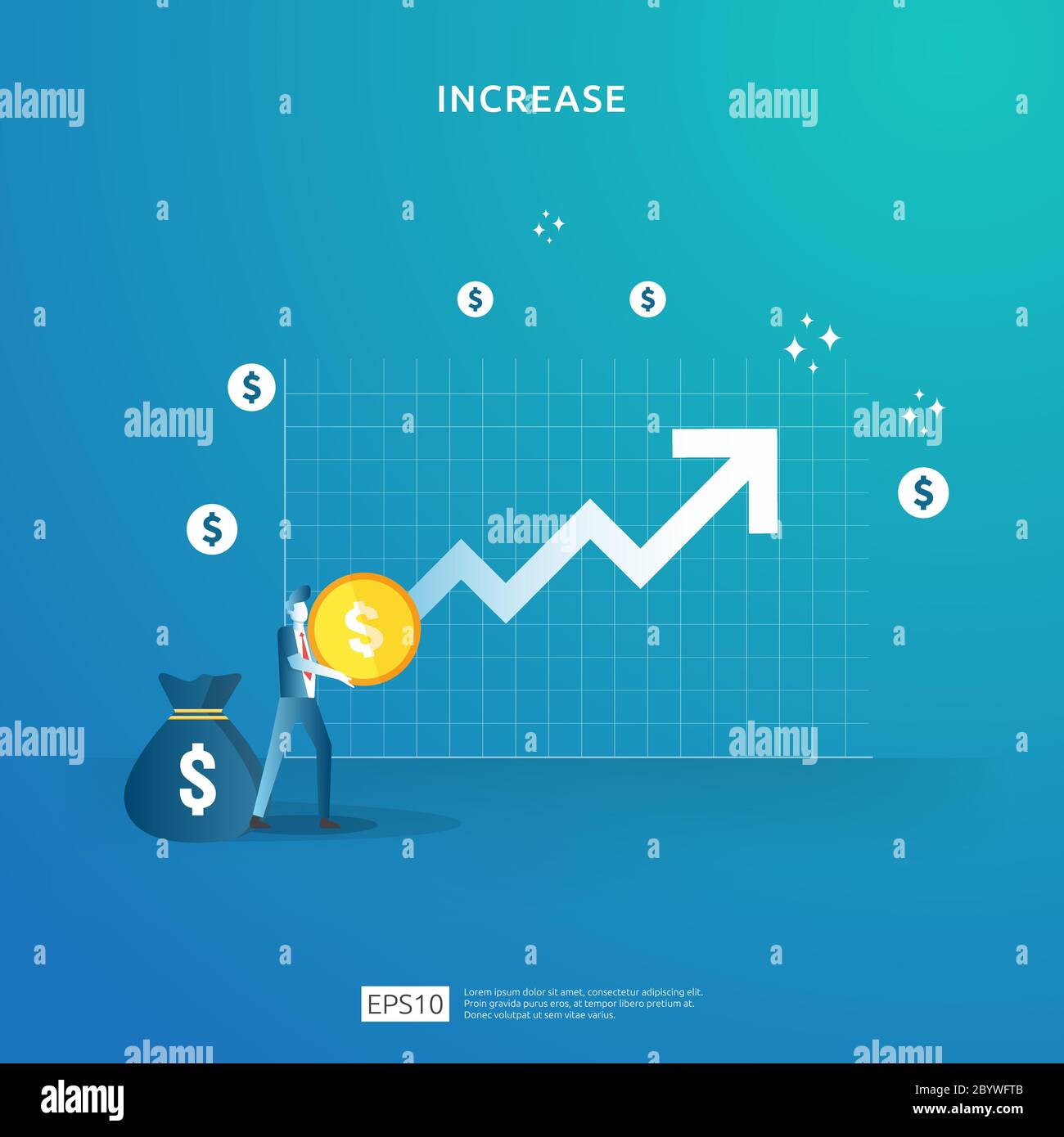 Finance performance concept. business profit increase with growth up arrow and people character. income salary rate grow margin revenue with dollar Stock Vector