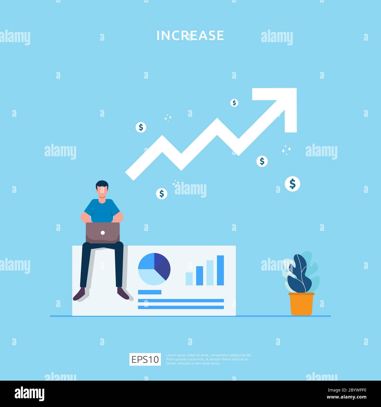 salary rate increase with growth up arrow and people character. business profit grow or income margin management revenue. Finance performance Stock Vector