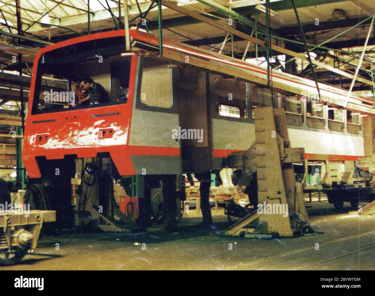 Wagon SA101-002 (rail bus) during body assembly in the hall of ZNTK Poznan ca. 1991 Stock Photo
