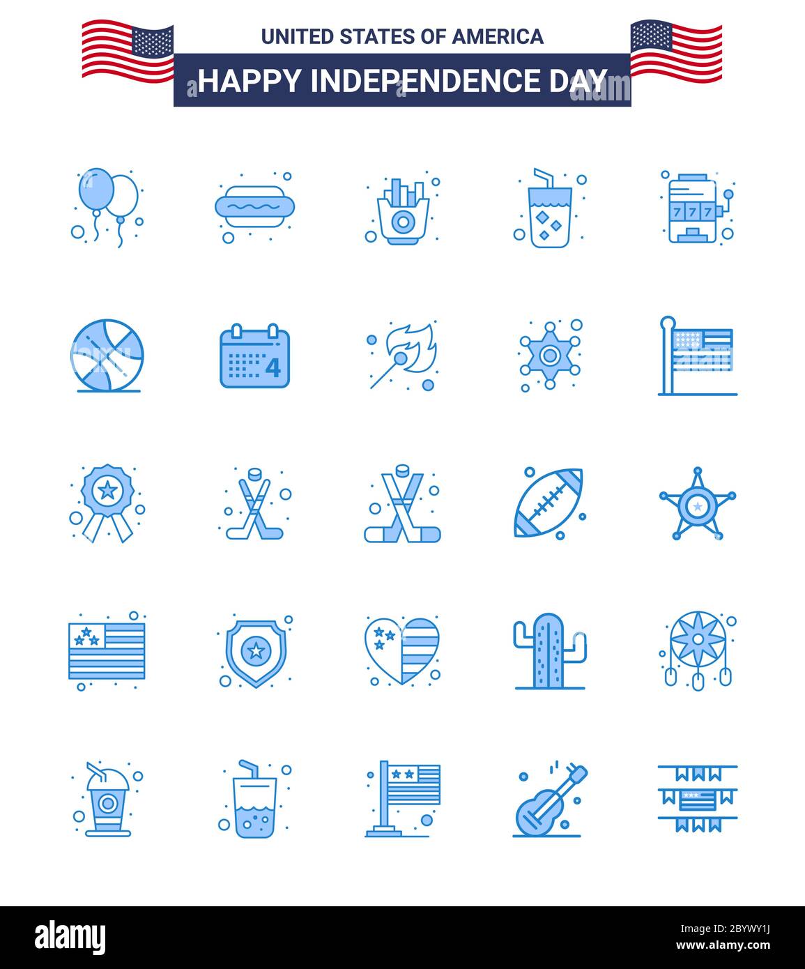 25 USA Blue Signs Independence Day Celebration Symbols of machine; wine; fast; juice; alcohol Editable USA Day Vector Design Elements Stock Vector