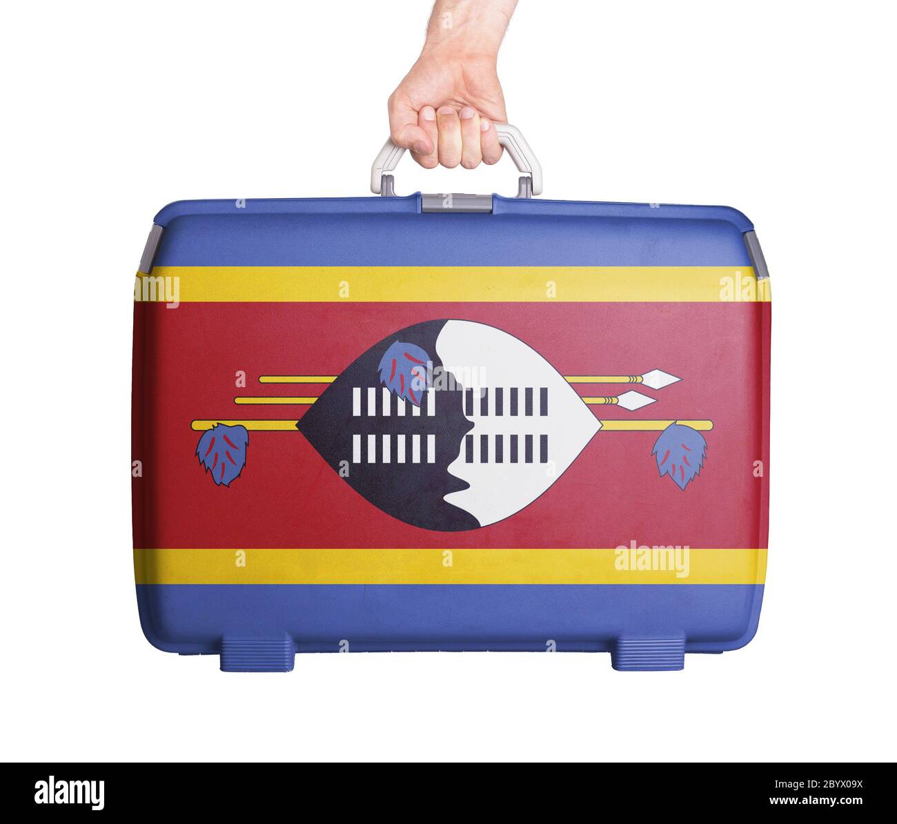Used plastic suitcase with stains and scratches Stock Photo Alamy