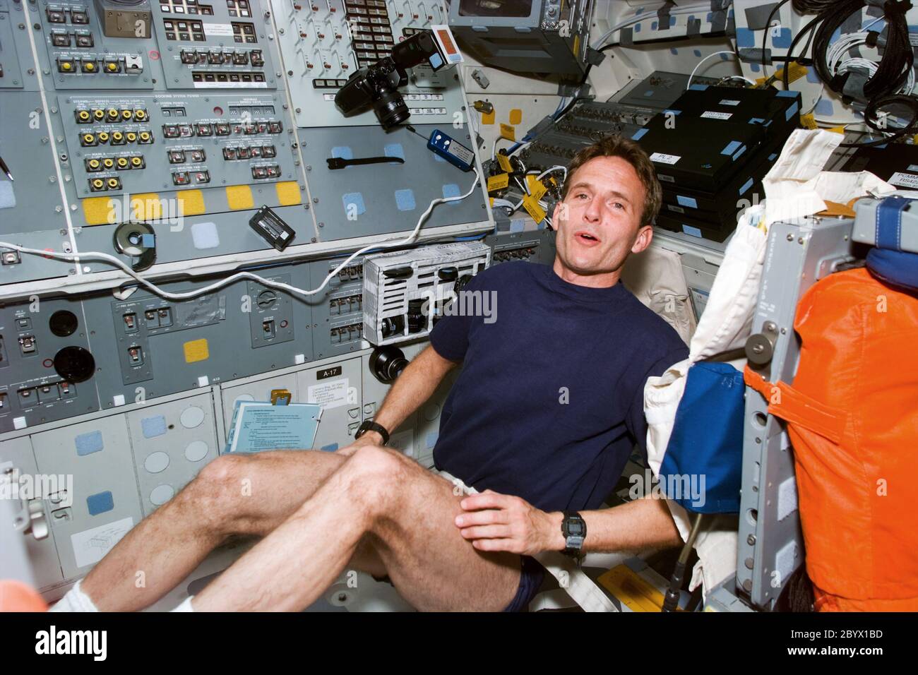 (12 Jan. 1997) --- Astronaut Jerry M. Linenger, mission specialist, works out on a bicycle ergometer device on the Space Shuttle Atlantis' flight deck as he readies for a long-duration stay in Earth-orbit. In mid-week, Linenger and his crew mates are scheduled to dock with Russia's Mir Space Station and pick up John E. Blaha, NASA astronaut who has been serving as a cosmonaut guest researcher since September 1996. Linenger will replace Blaha onboard Mir and the transfer will mark the second such direct exchange of cosmonaut guest researchers, though Linenger will be the fourth United States as Stock Photo