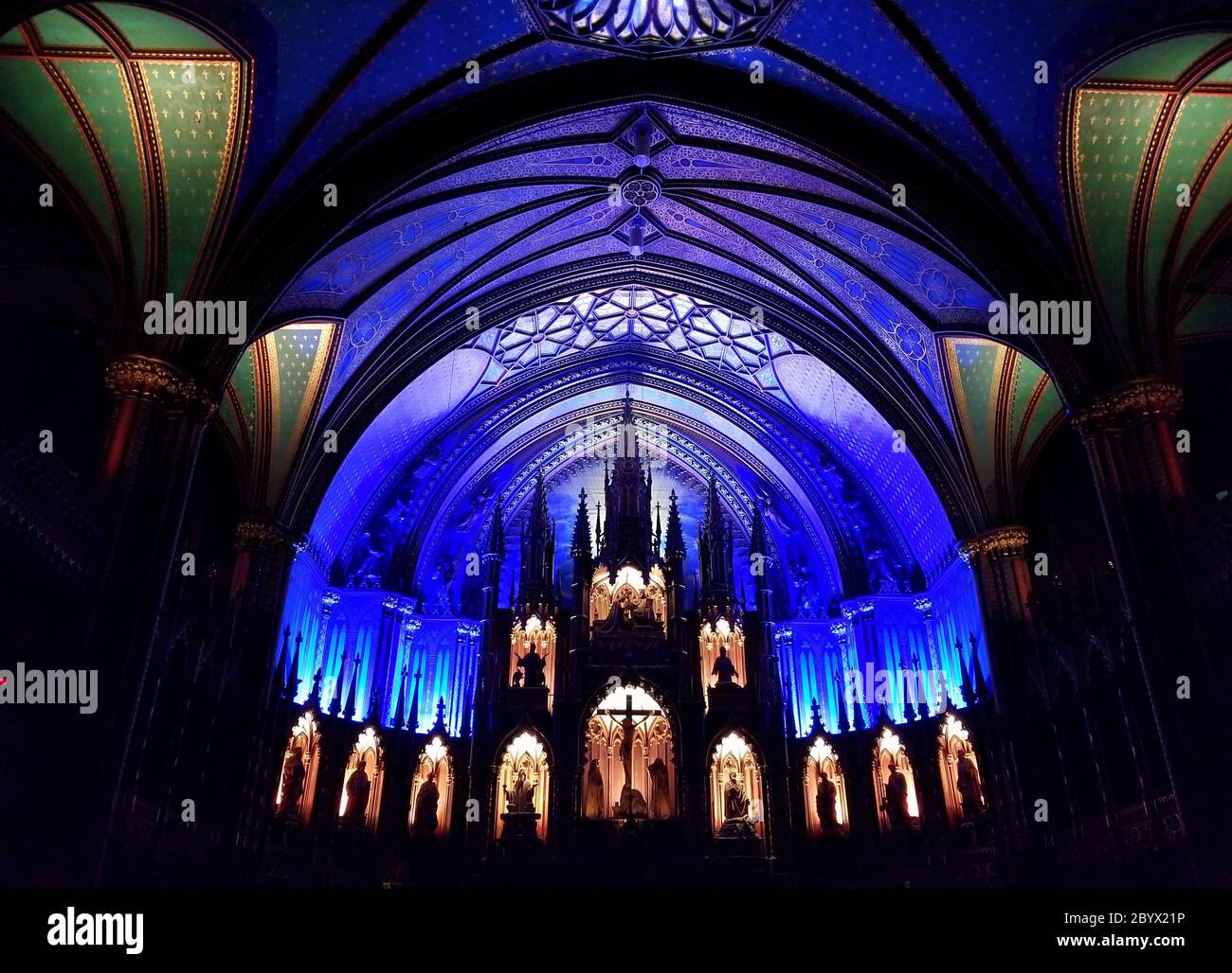 Montreal, Canada October 28, 2019 The view of lighted up altar and structures inside Notre