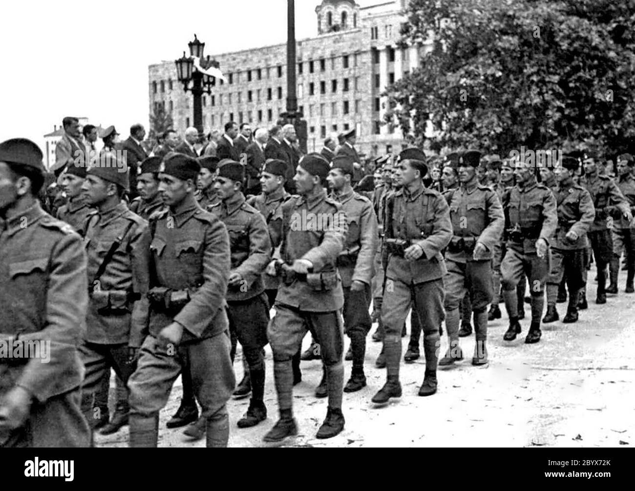 A Serbian State Guard unit parading in front of the parliament, Belgrade 1944 Stock Photo