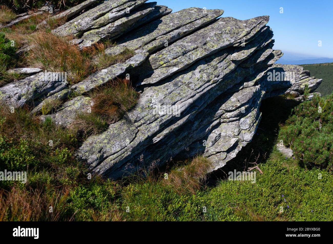 Metamorphic rock formations. Near Kráľova hoľa [mount], Slovakia. Stock Photo