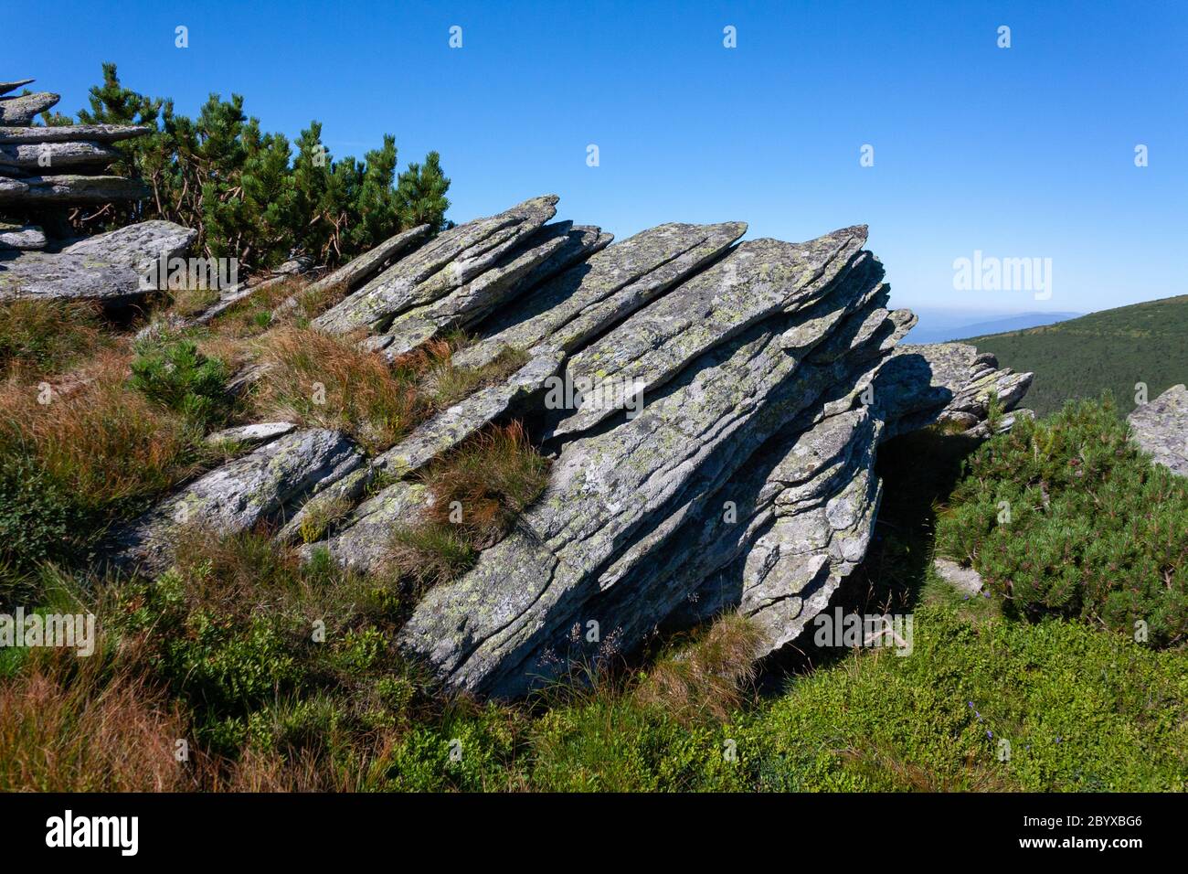 Metamorphic rock formations. Near Kráľova hoľa [mount], Slovakia. Stock Photo