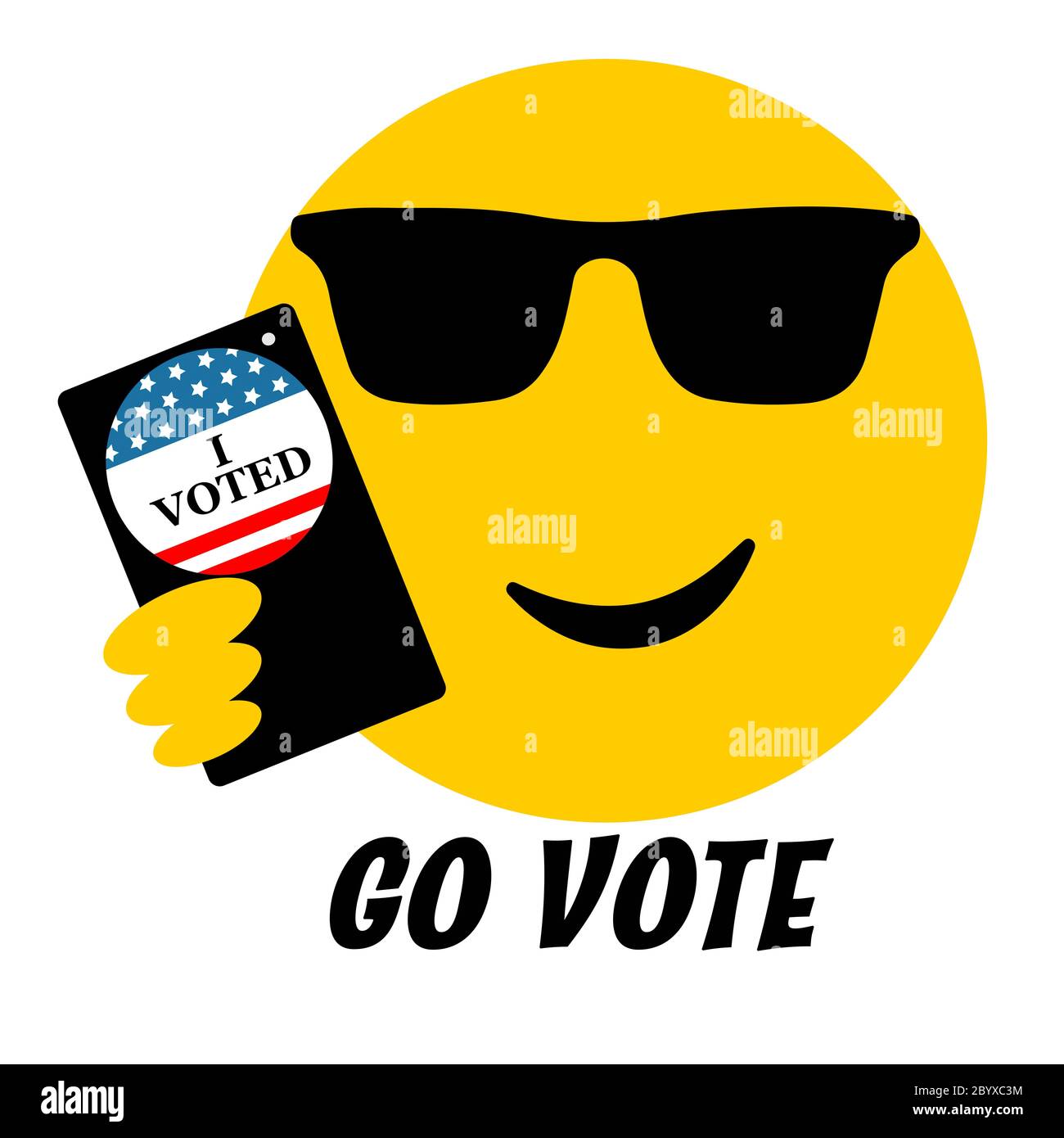 cool smiling emoji with sunglasses, phone and I Voted pin, USA