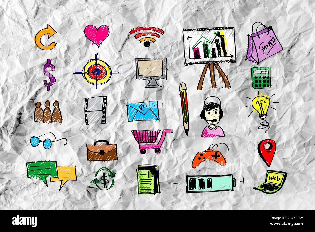 Hand doodle Business icon set idea design on crumpled paper Stock Photo ...