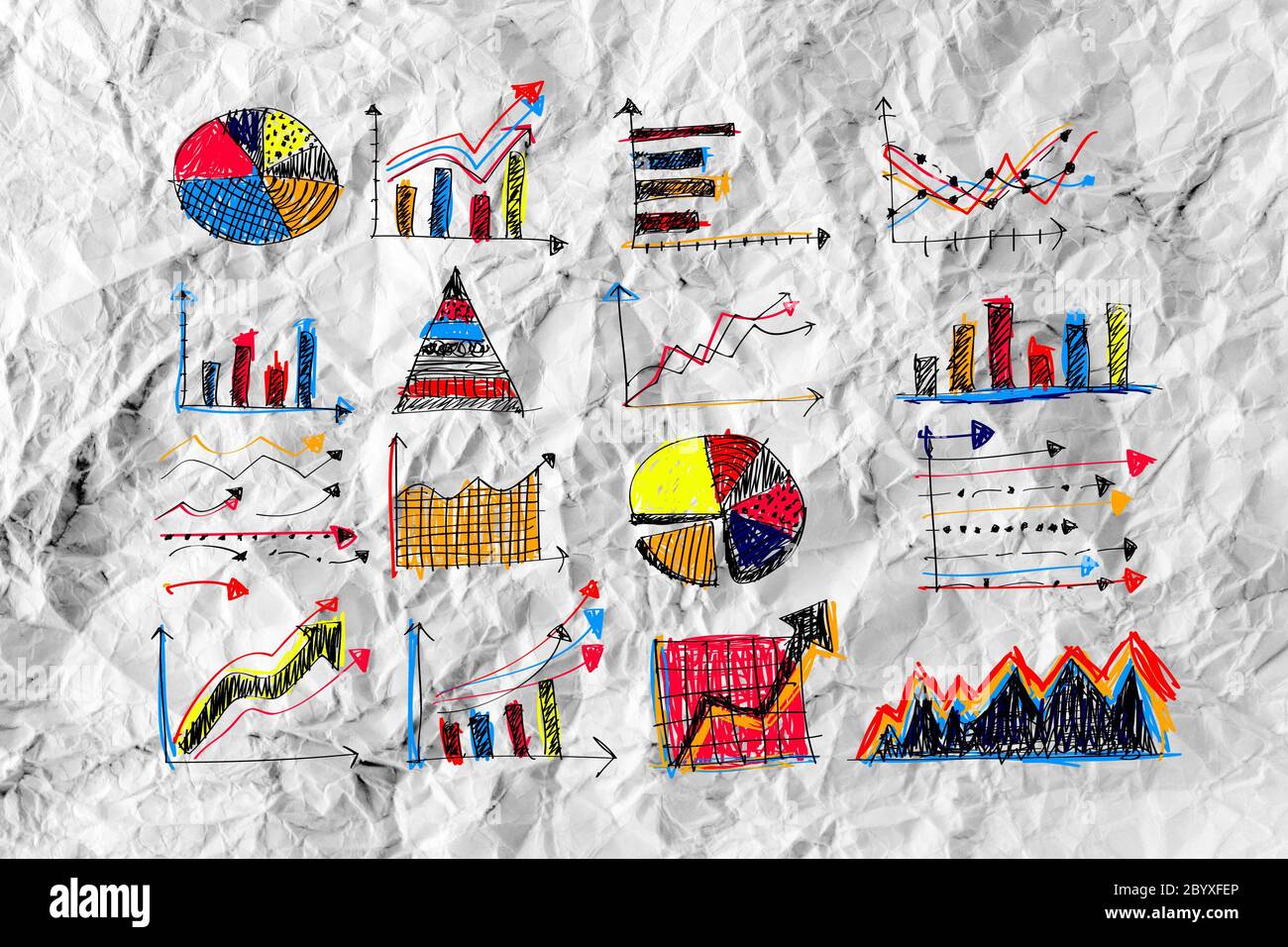 Hand doodle Business icon set idea design on crumpled paper Stock Photo ...