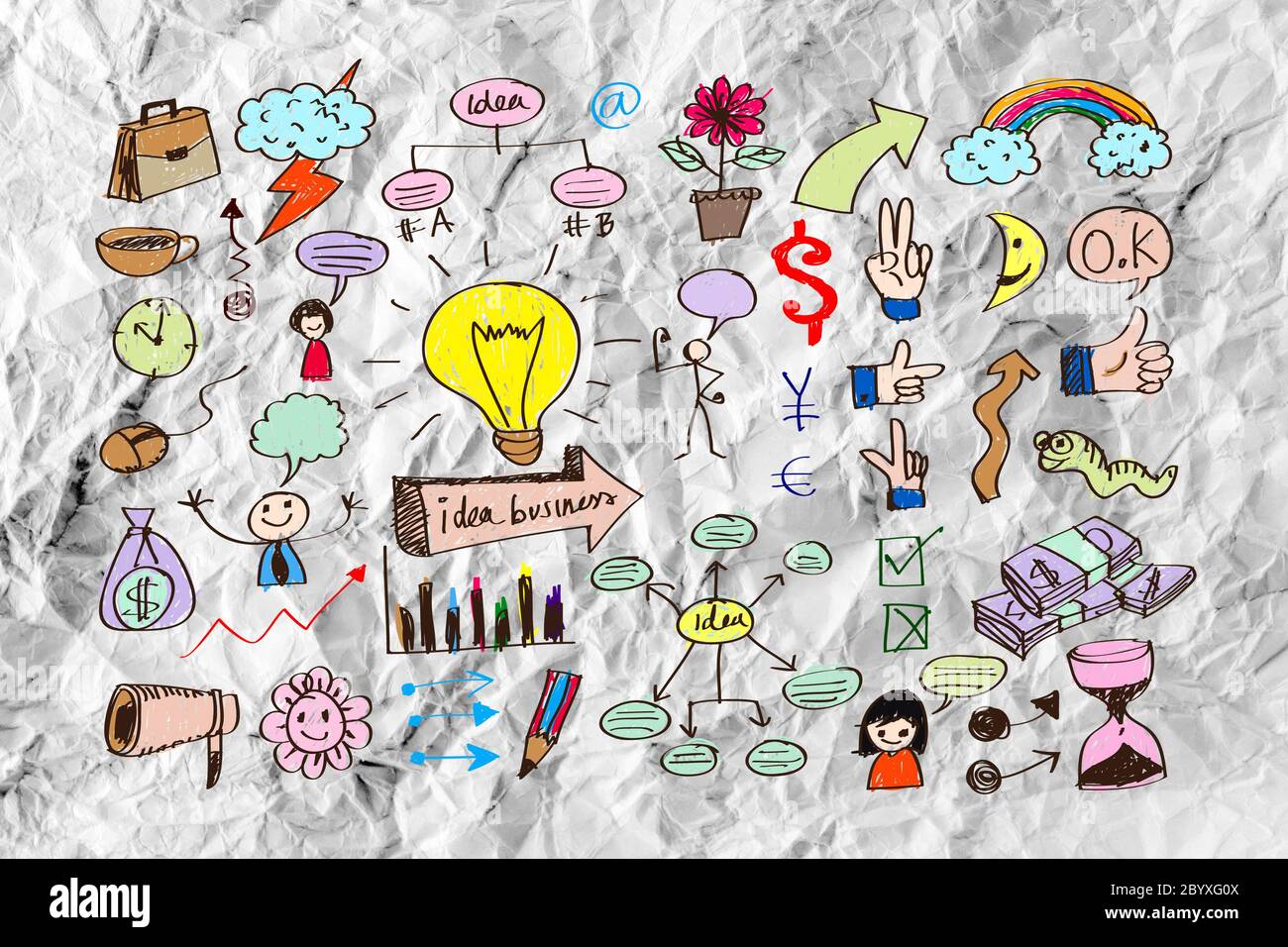 Hand doodle Business icon set idea design on crumpled paper Stock Photo ...