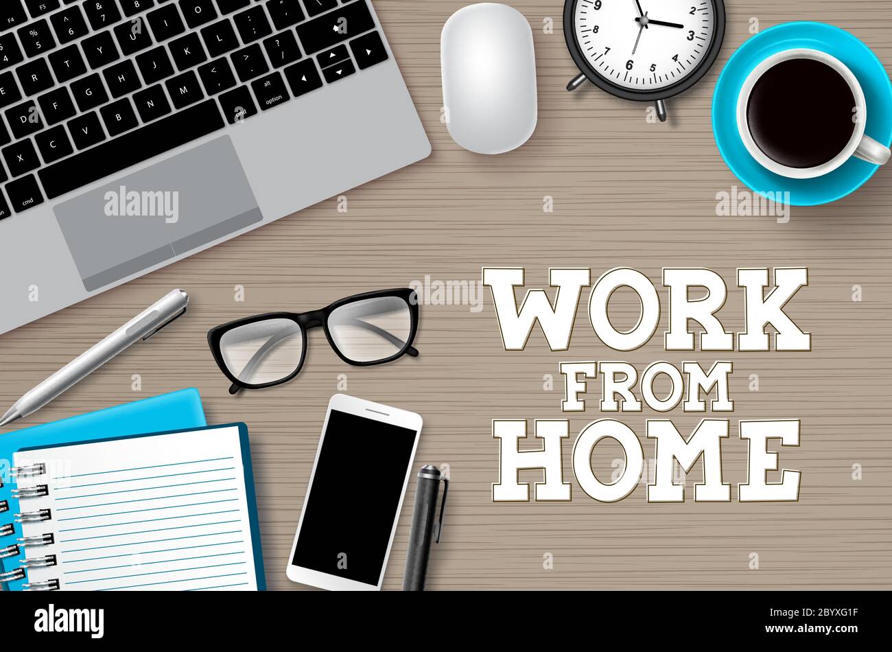 Work from home desk vector background. Work from home text with remote  online business elements for freelance internet global job in brown wood  Stock Vector Image & Art - Alamy