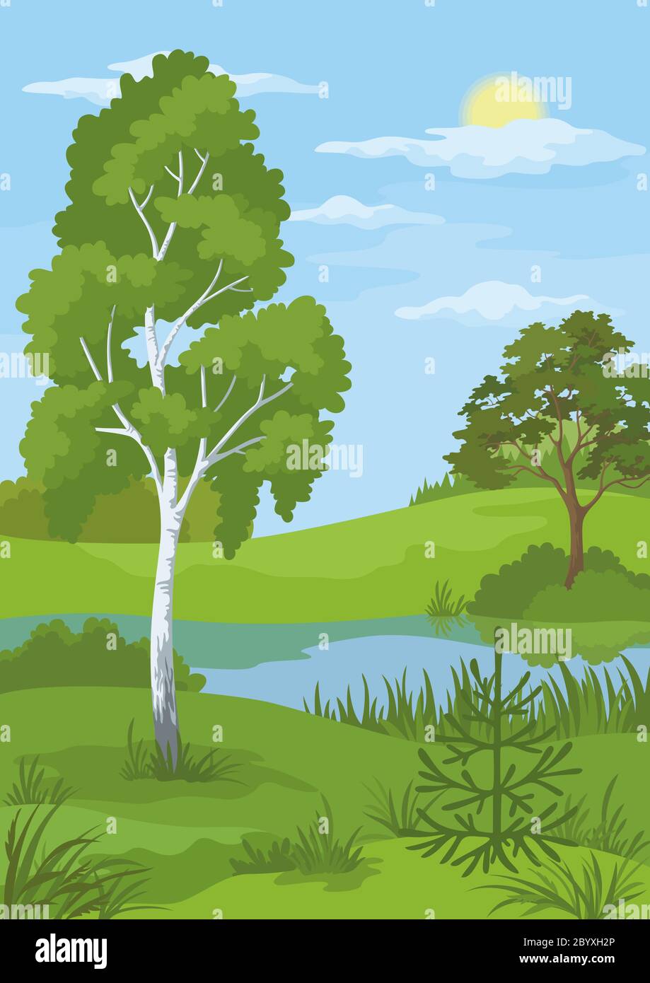 Summer landscape with trees and river Stock Photo - Alamy