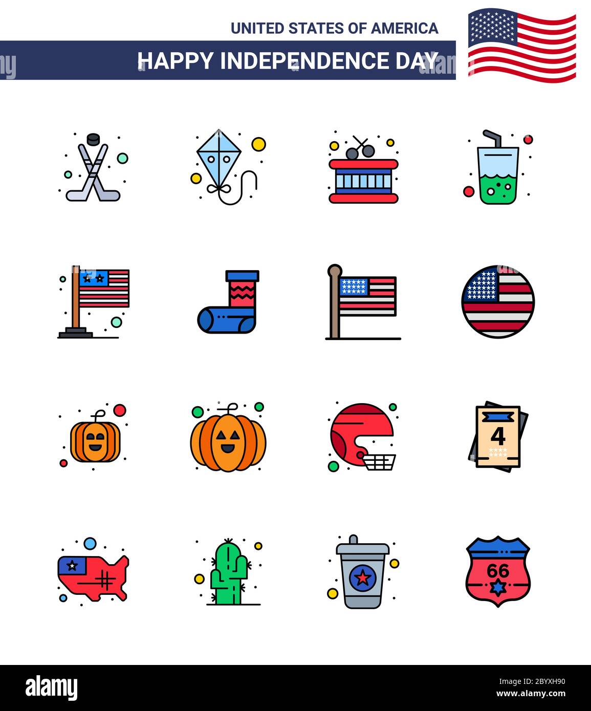 Happy Independence Day USA Pack of 16 Creative Flat Filled Lines of usa; flag; instrument; country; summer Editable USA Day Vector Design Elements Stock Vector