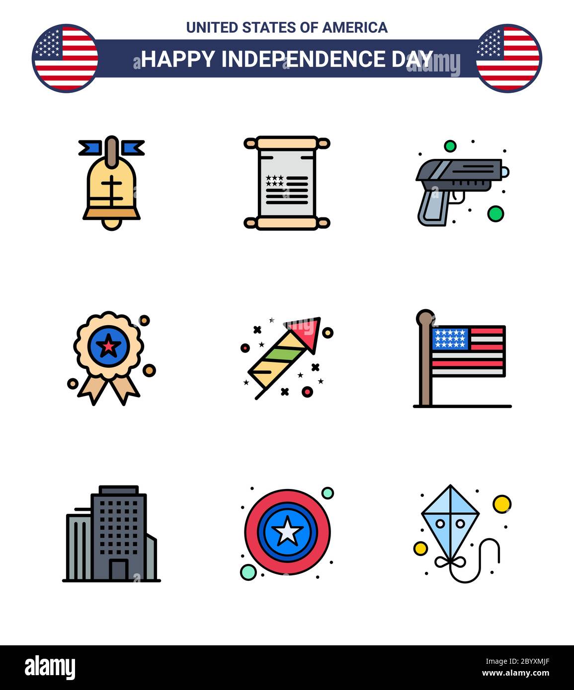 9 Flat Filled Line Signs for USA Independence Day festivity; medal; gun; independence day; holiday Editable USA Day Vector Design Elements Stock Vector