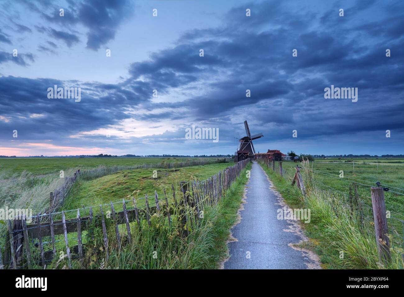 Dutch farmland with windmill in morning Stock Photo Alamy
