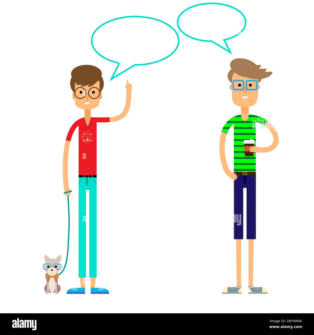 Two friend talking about something. Cartoon style vector illustration of two teenage student boys having conversatin, chat Stock Vector