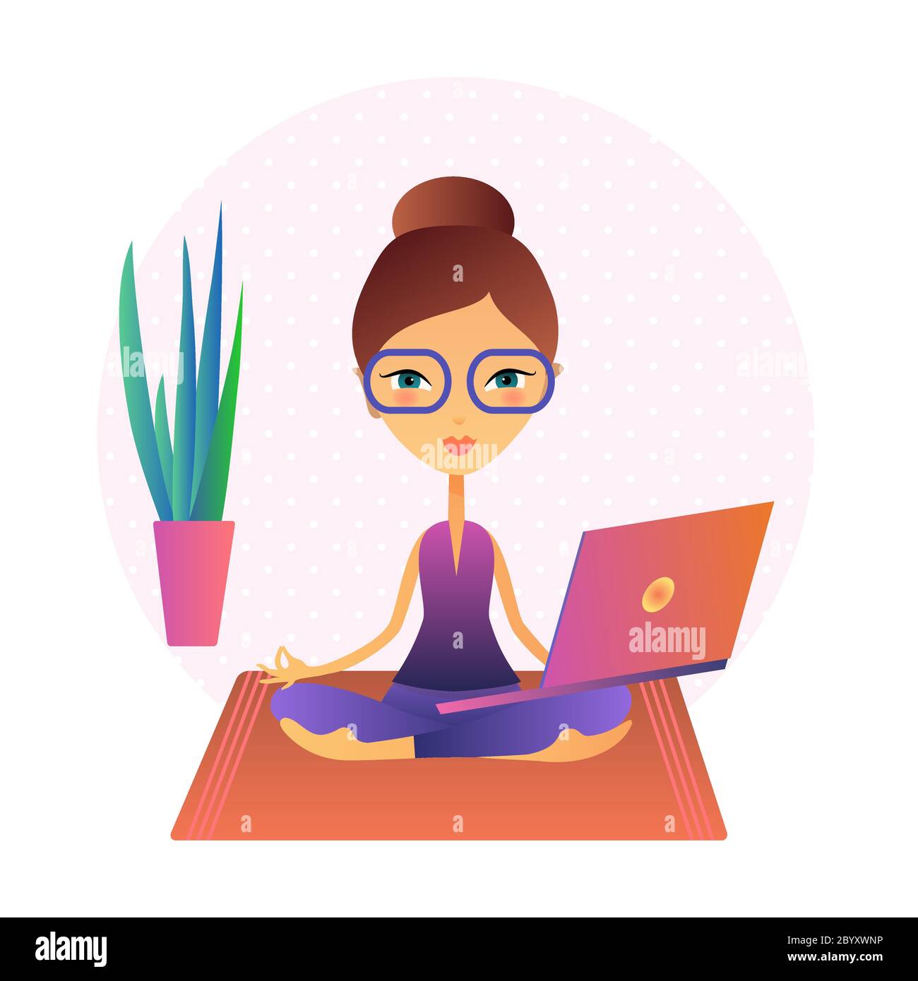 Young woman working from home. Relaxed young woman in youga pose with laptop. Life-work balance and self care during self-isolation Stock Vector