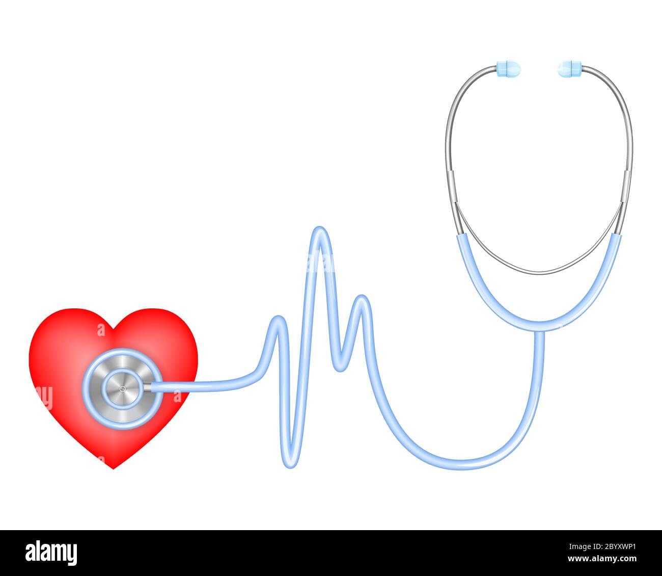 Stethoscope medical equipment. Cardiology diagnostic concept. Stethoscope with heartbeat and heart, heart disease diagnosis. Realistic vector illustra Stock Vector