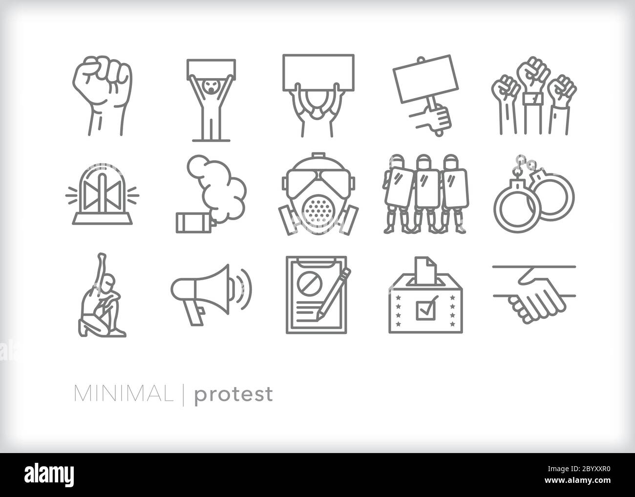 Set of protest line icons for demonstrating first amendment right of free speech in a democracy while facing police enforcement Stock Vector