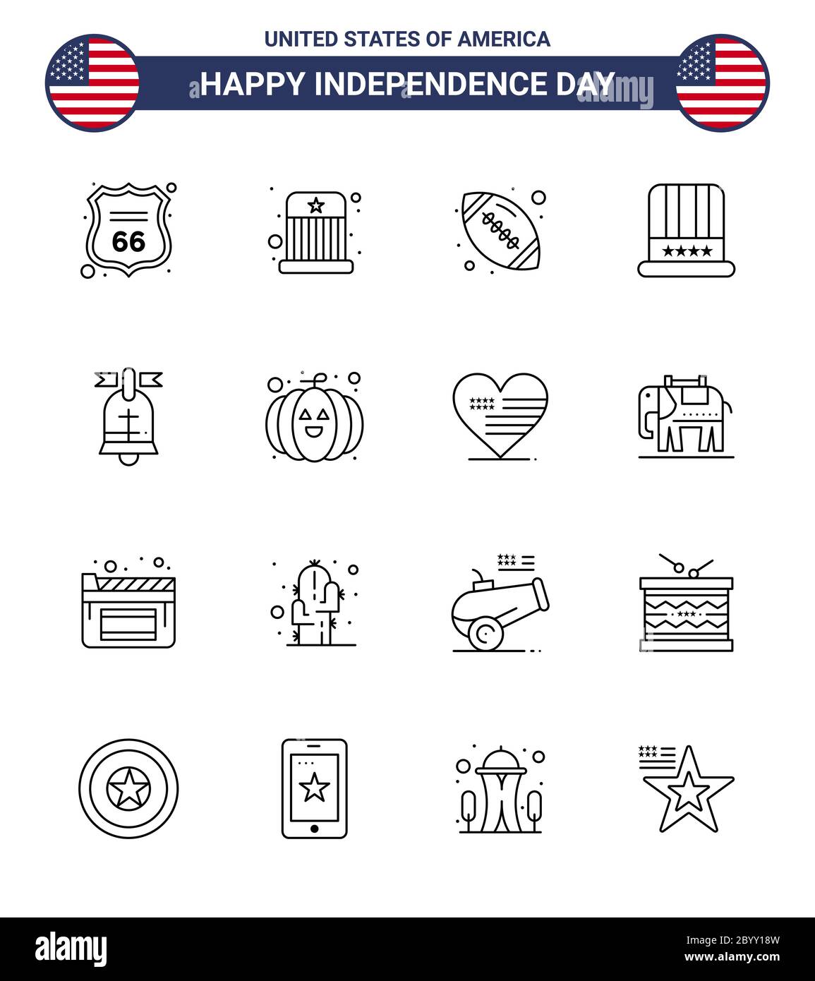 USA Happy Independence DayPictogram Set of 16 Simple Lines of ring; usa; ball; american; hat Editable USA Day Vector Design Elements Stock Vector