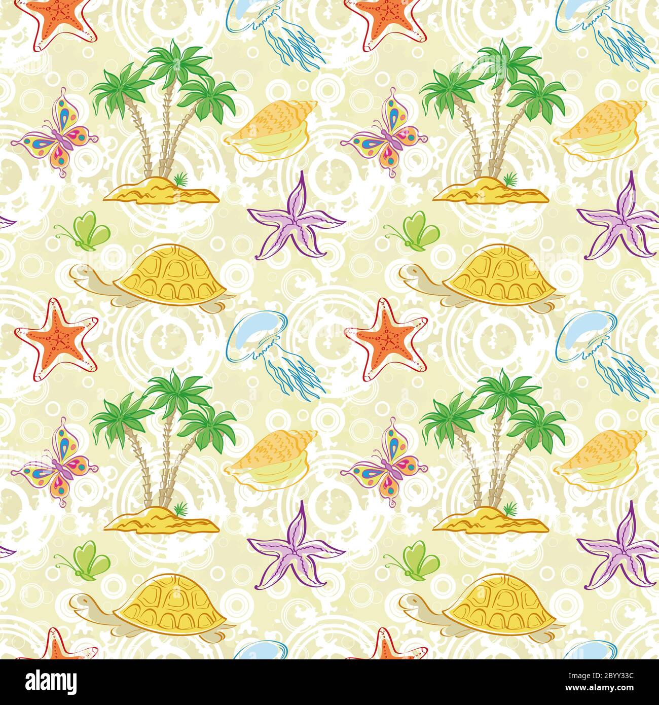 Seamless pattern, palm trees and sea animals Stock Photo