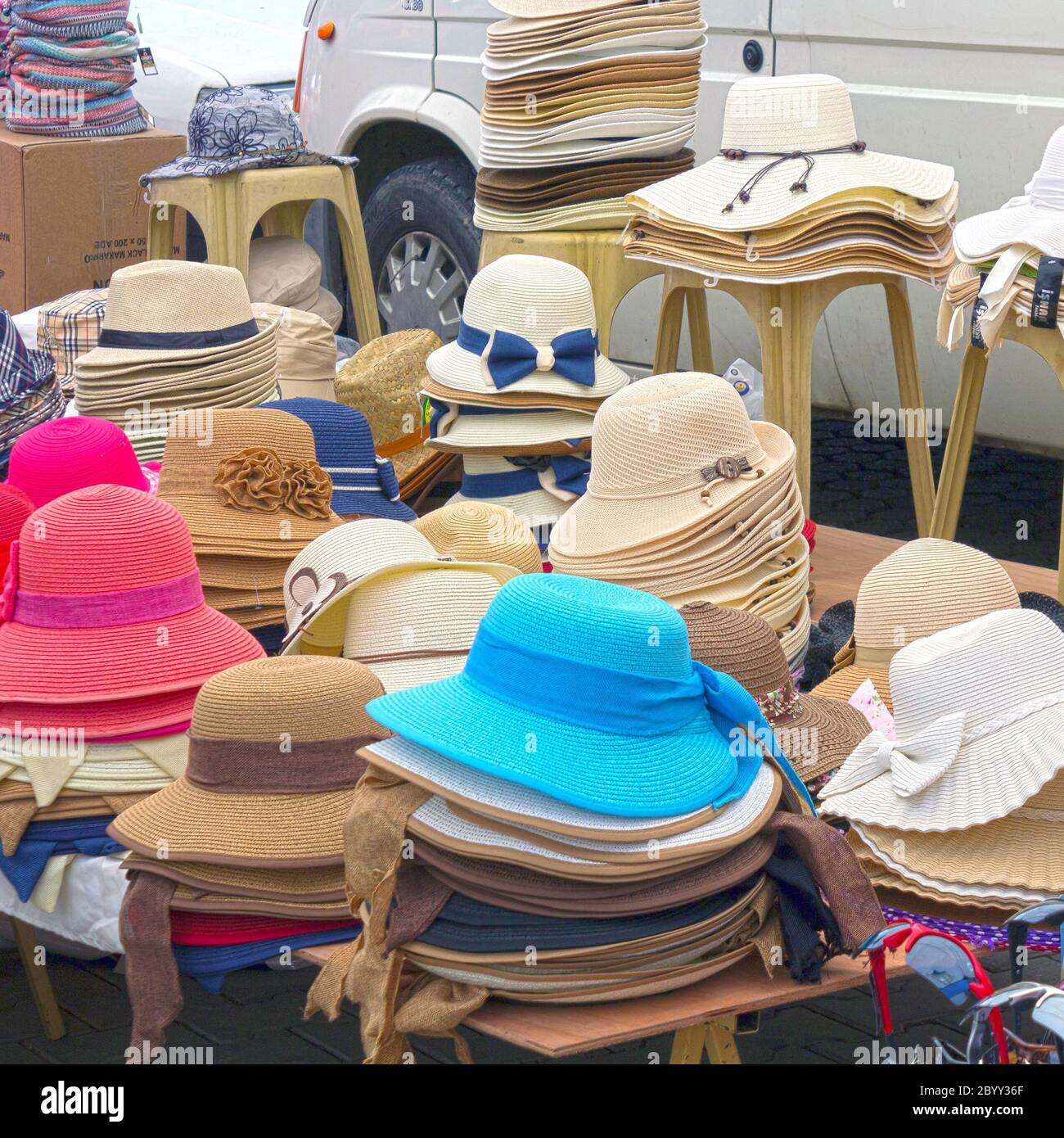 Market stall with hats Stock Photo