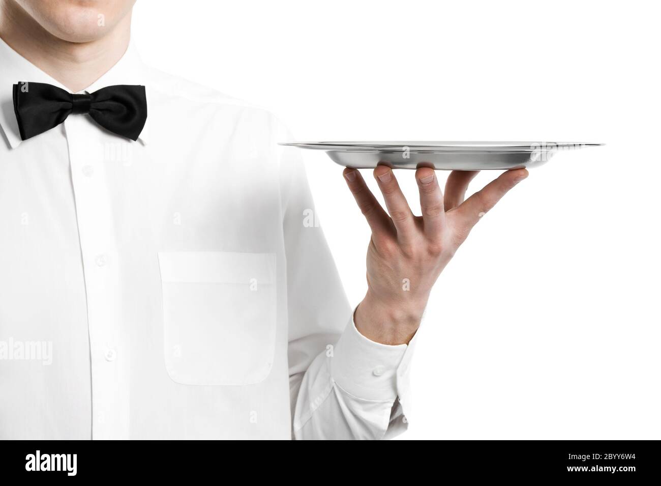 Waiter hand with metal plate Stock Photo Alamy