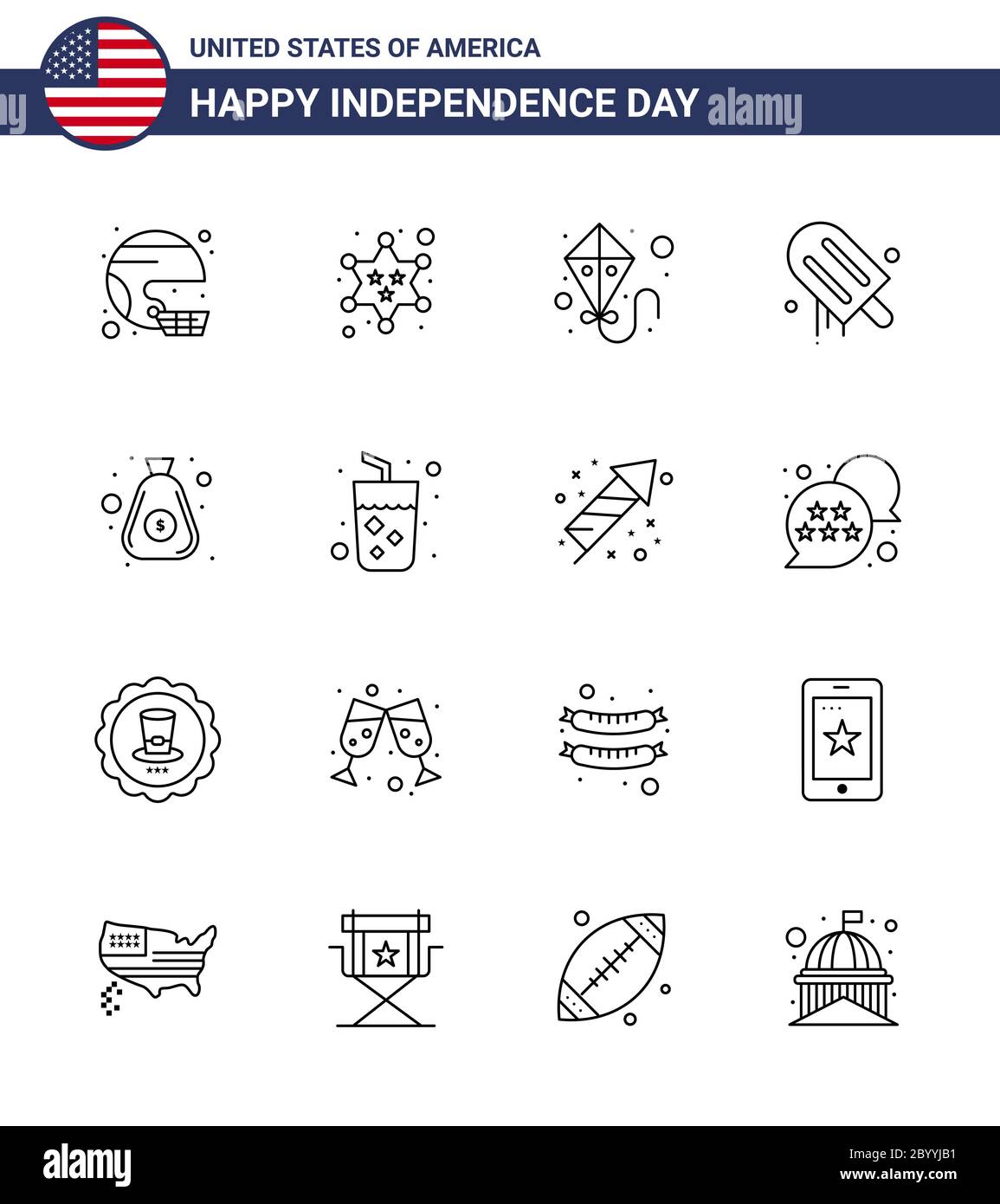 16 Creative USA Icons Modern Independence Signs and 4th July Symbols of dollar; american; police; cream; flying Editable USA Day Vector Design Element Stock Vector