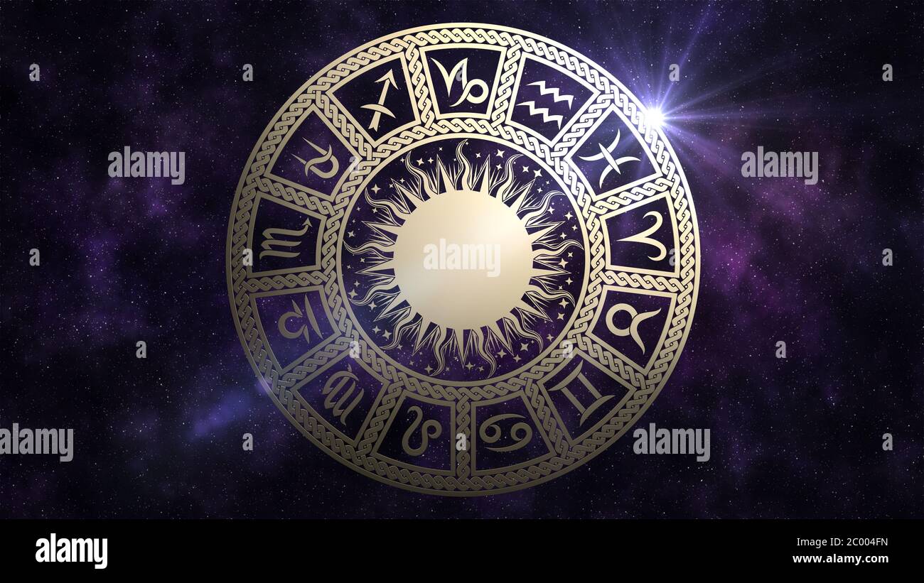 Zodiac circle with astrological symbols. 13 zodiac signs in the starry space. Stock Photo