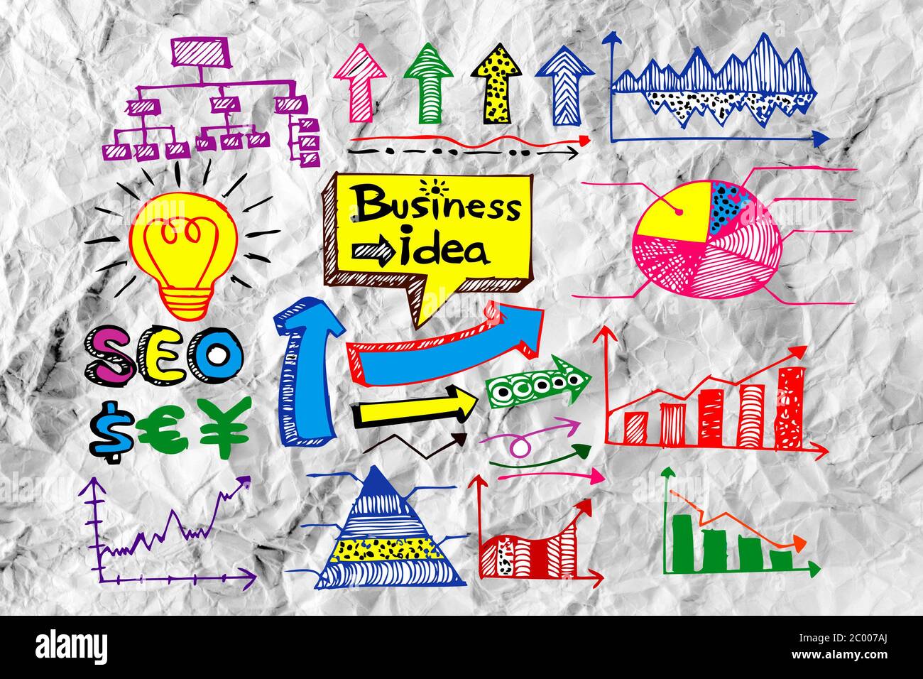 Hand doodle Business icon set idea design on crumpled paper Stock Photo ...