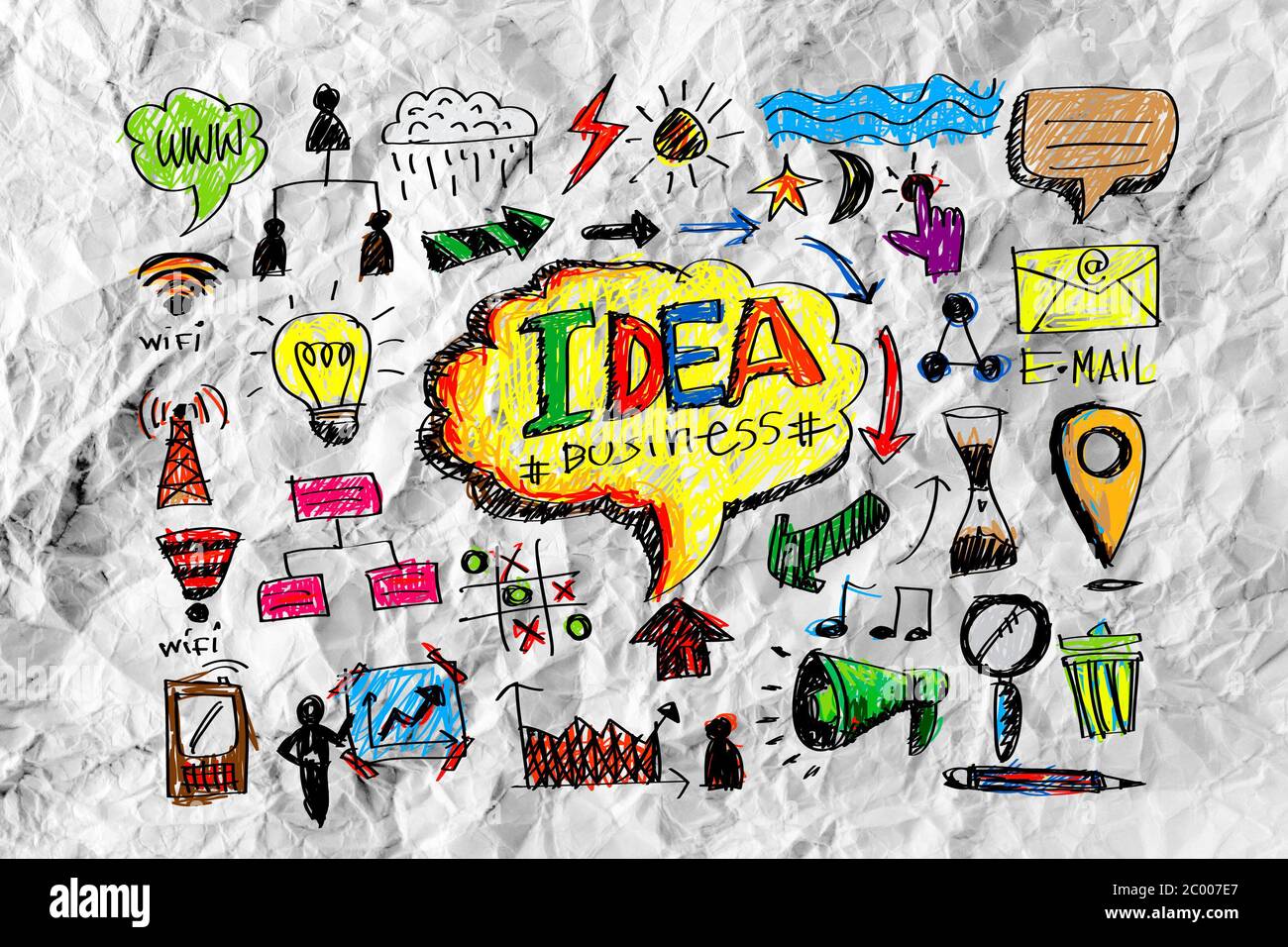 Hand doodle Business icon set idea design on crumpled paper Stock Photo ...