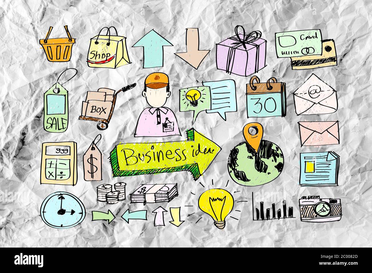 Hand doodle Business icon set idea design on crumpled paper Stock Photo ...