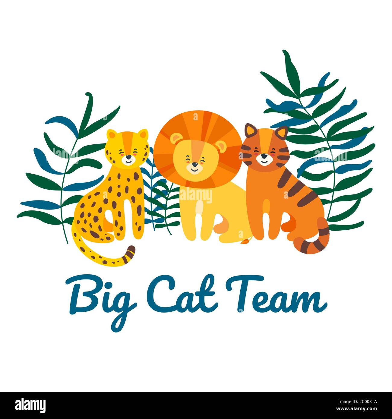 Big cat team with leopard, lion and tiger sitting together. Floral ornament and inscription. Isolated vector illustration in flat style Stock Vector