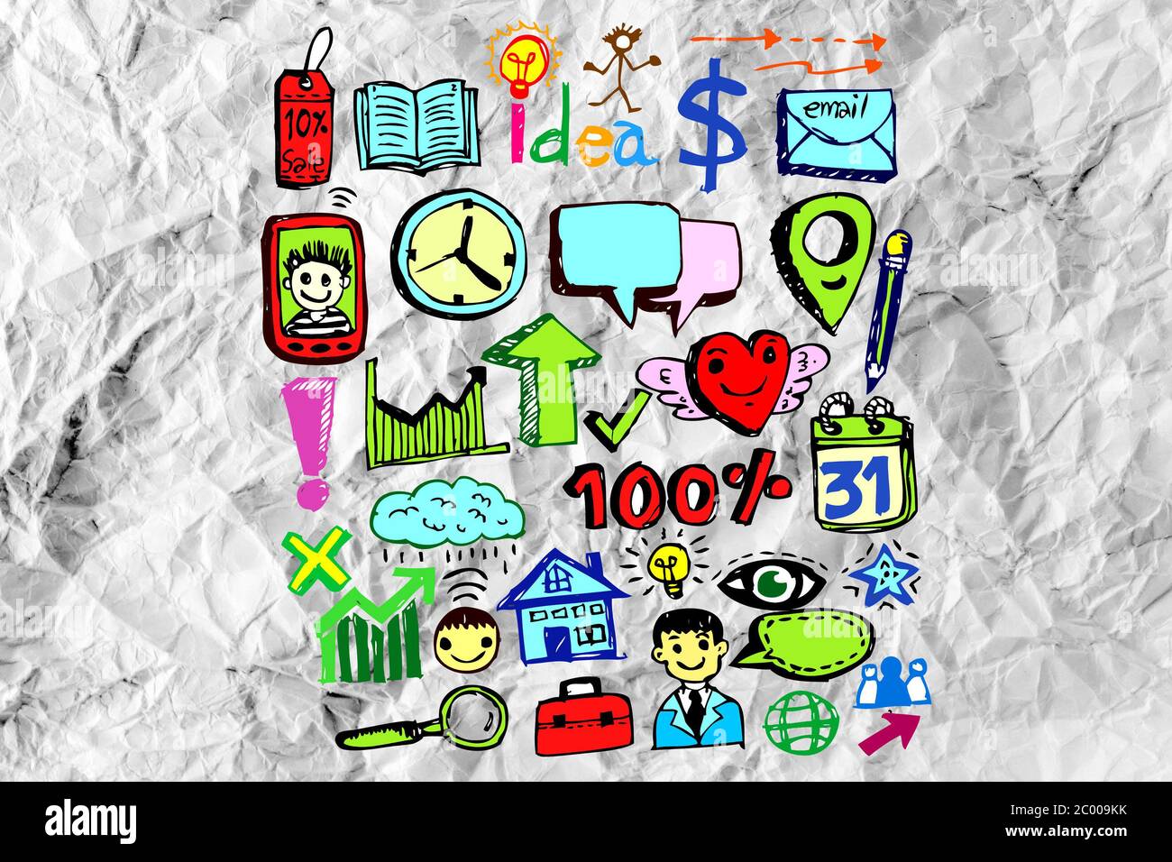 Hand doodle Business icon set idea design on crumpled paper Stock Photo ...