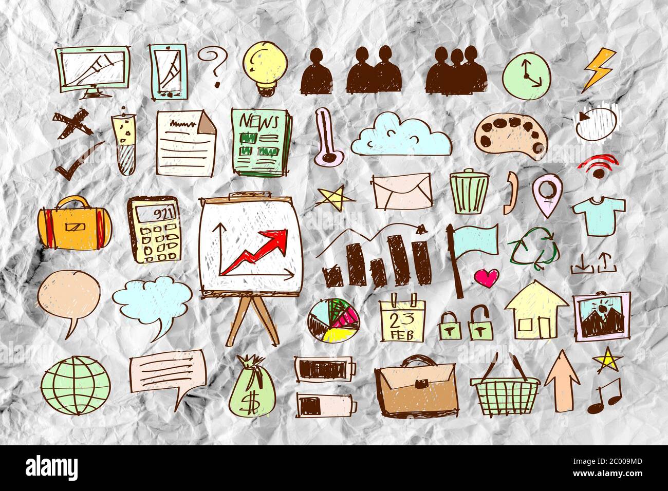 Hand doodle Business icon set idea design on crumpled paper Stock Photo ...