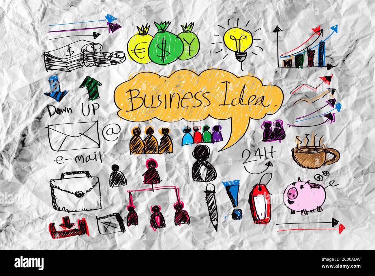 Hand doodle Business icon set idea design on crumpled paper Stock Photo ...