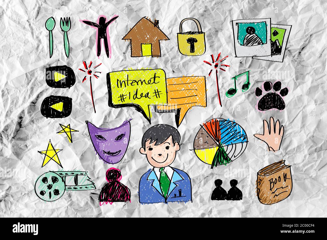 Hand doodle Business icon set idea design on crumpled paper Stock Photo ...