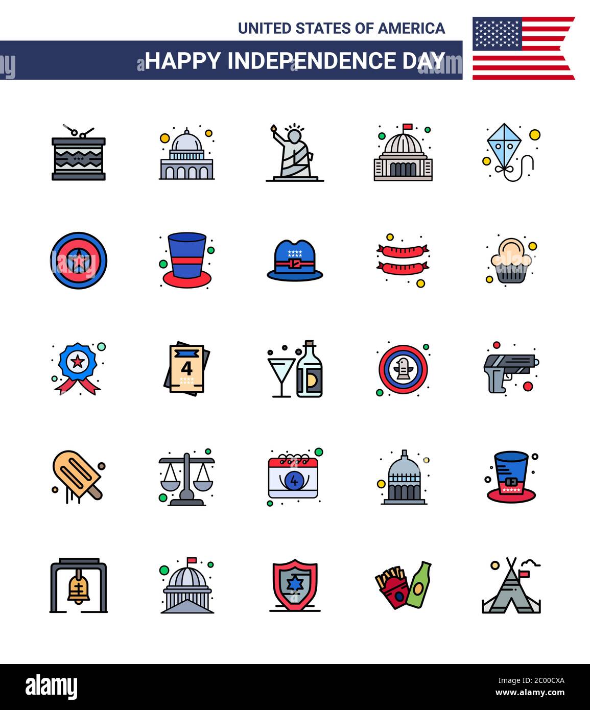 4th July USA Happy Independence Day Icon Symbols Group of 25 Modern