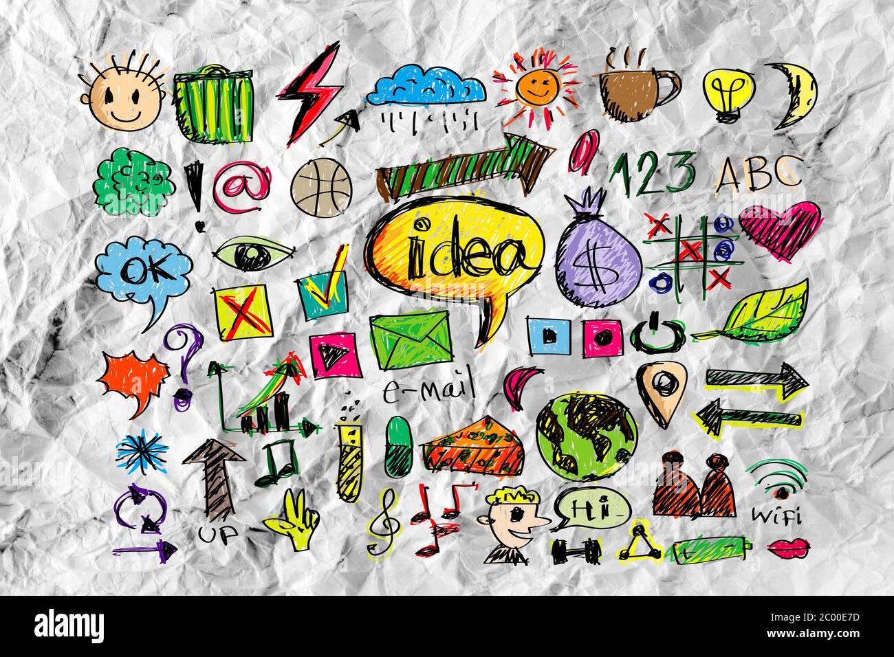 Hand doodle Business icon set idea design on crumpled paper Stock Photo ...