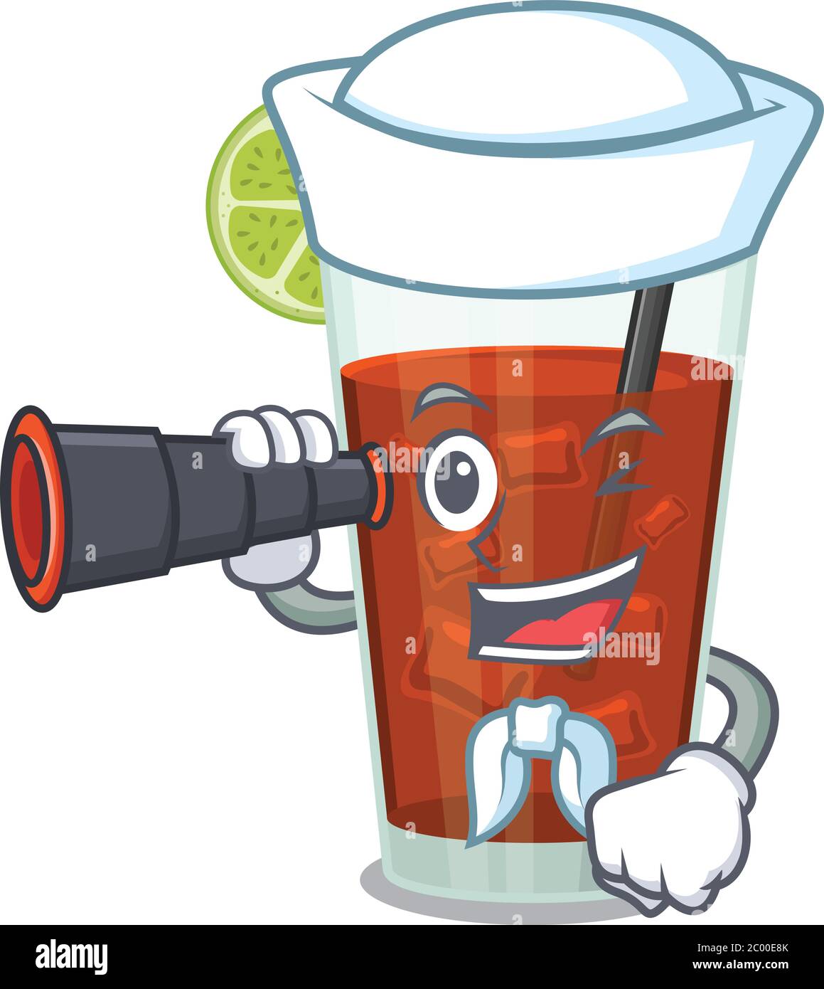 A cartoon picture of cuba libre cocktail Sailor using binocular Stock Vector
