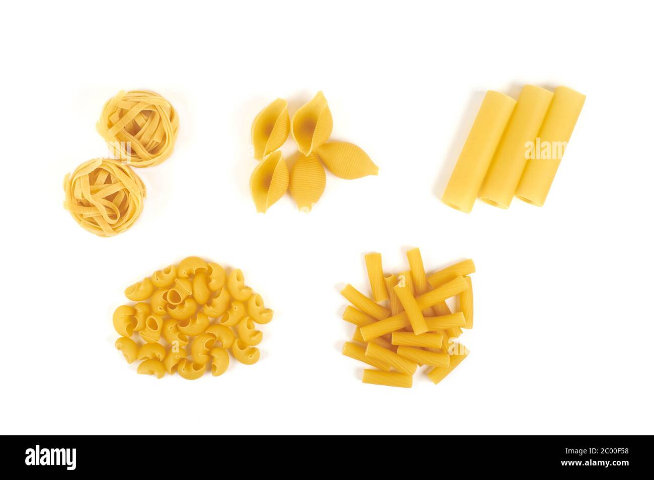 Collection of italian pasta portion isolated on white background Stock