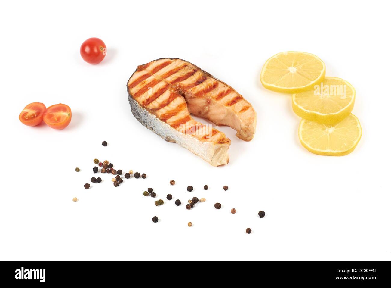 grilled salmon steak fillet, isolated on white background Stock Photo ...