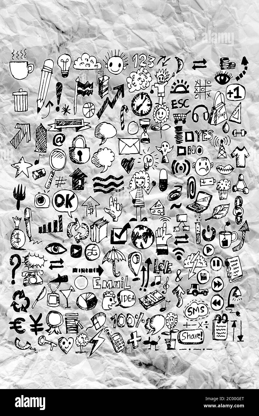 Hand doodle Business icon set idea design on crumpled paper Stock Photo ...