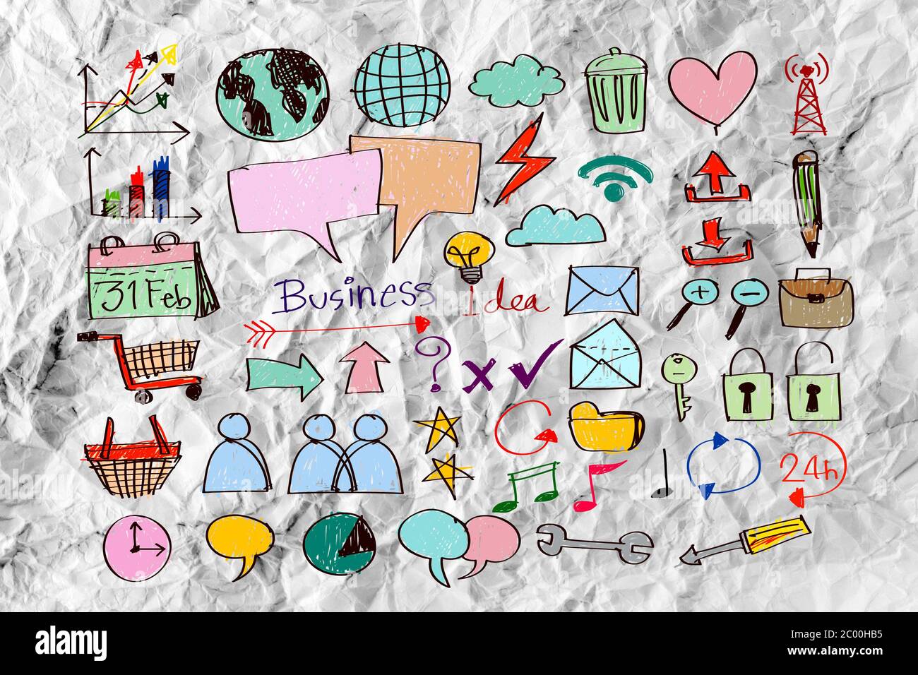 Hand doodle Business icon set idea design on crumpled paper Stock Photo ...