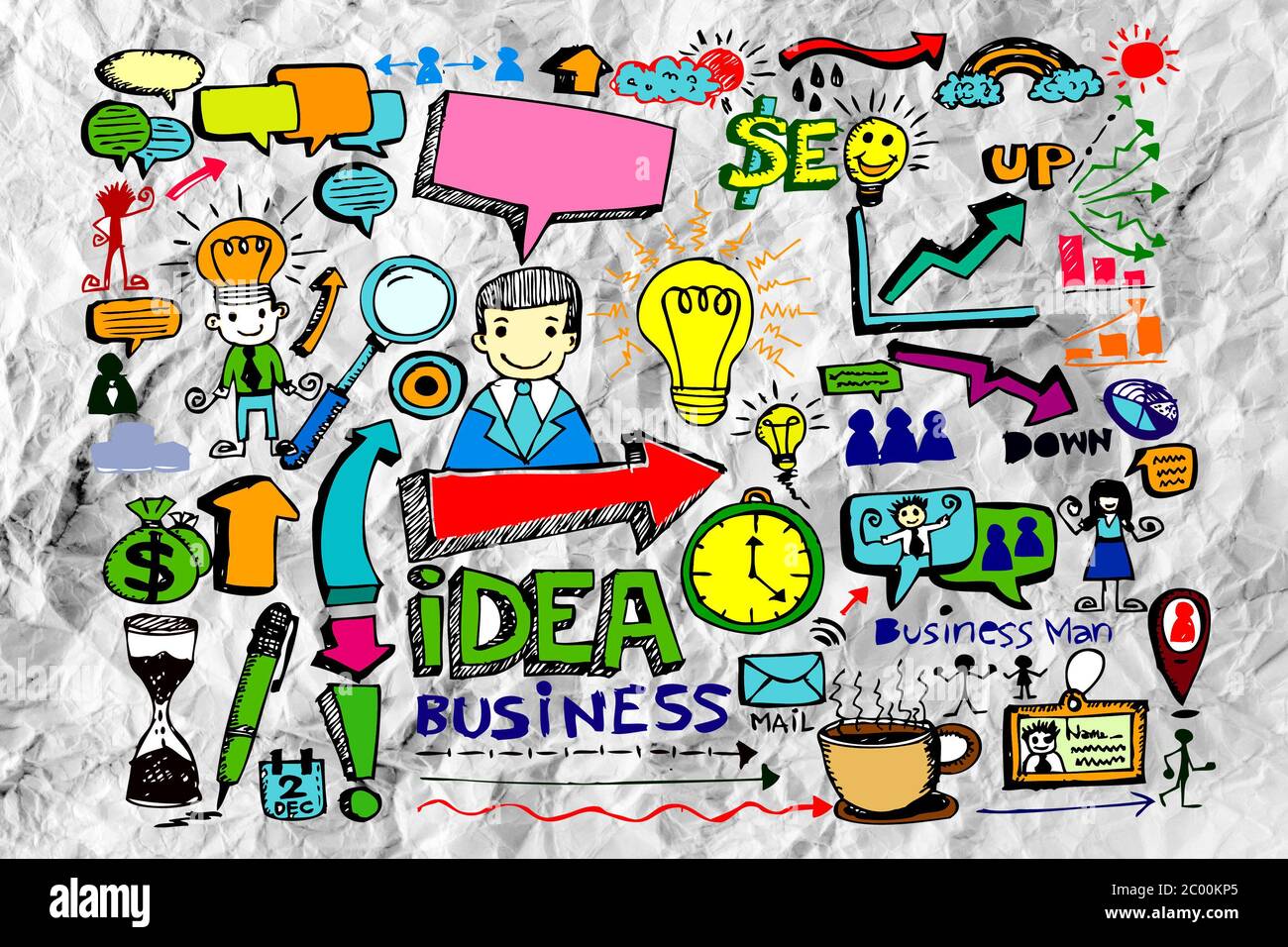 Hand doodle Business icon set idea design on crumpled paper Stock Photo ...