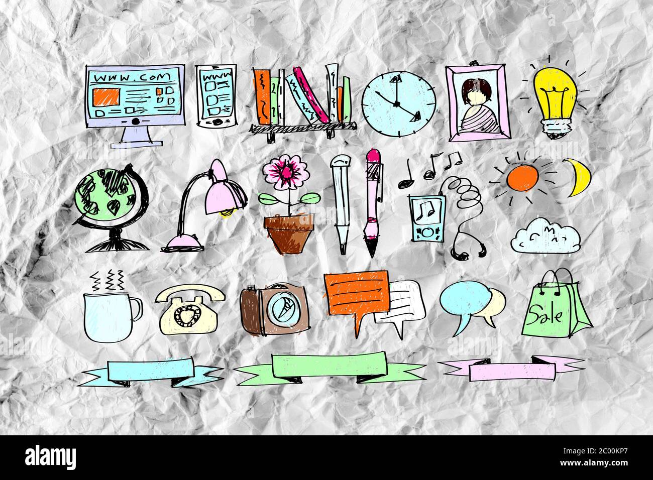 Hand doodle Business icon set idea design on crumpled paper Stock Photo ...