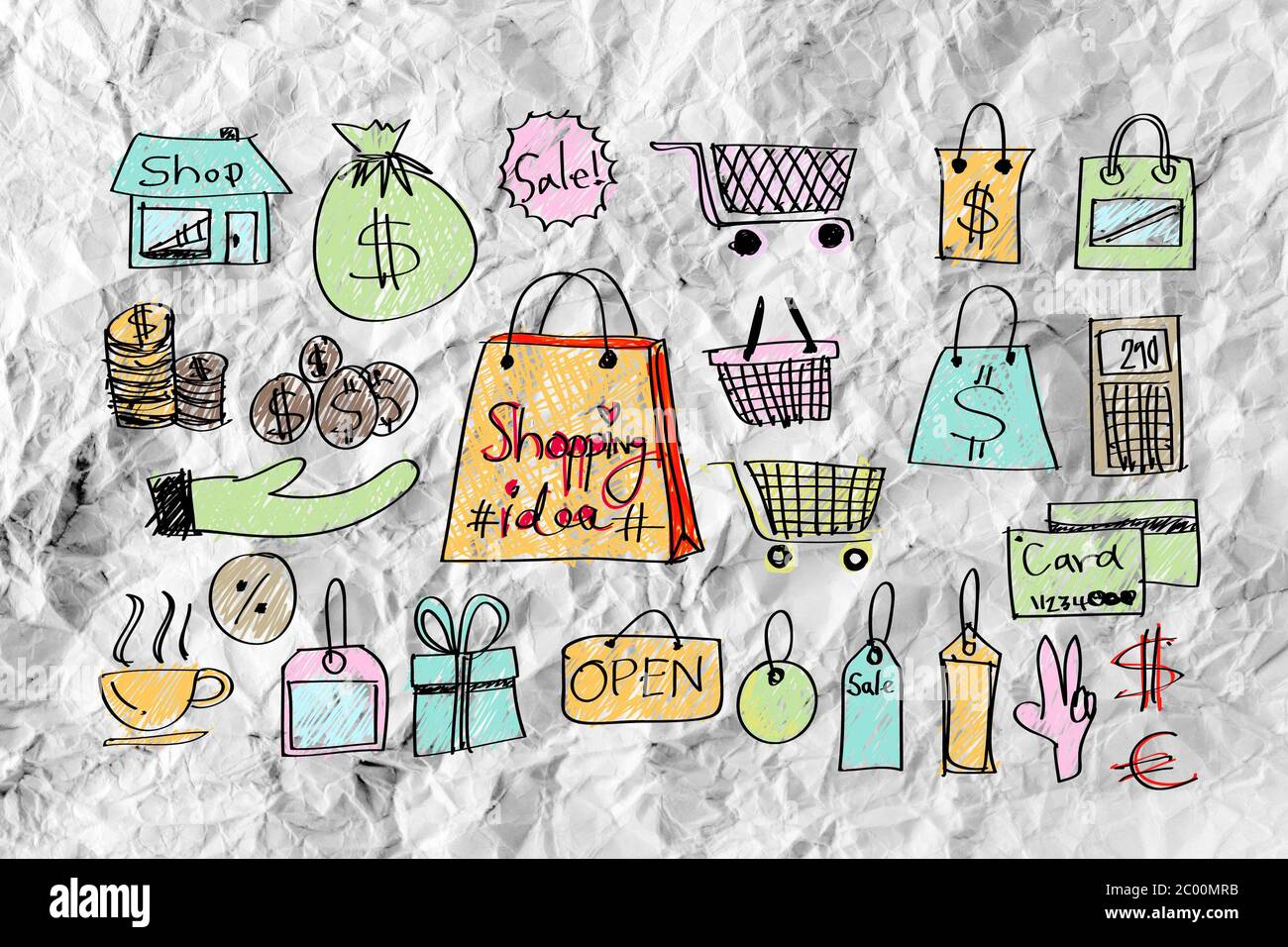 Hand doodle Business icon set idea design on crumpled paper Stock Photo ...