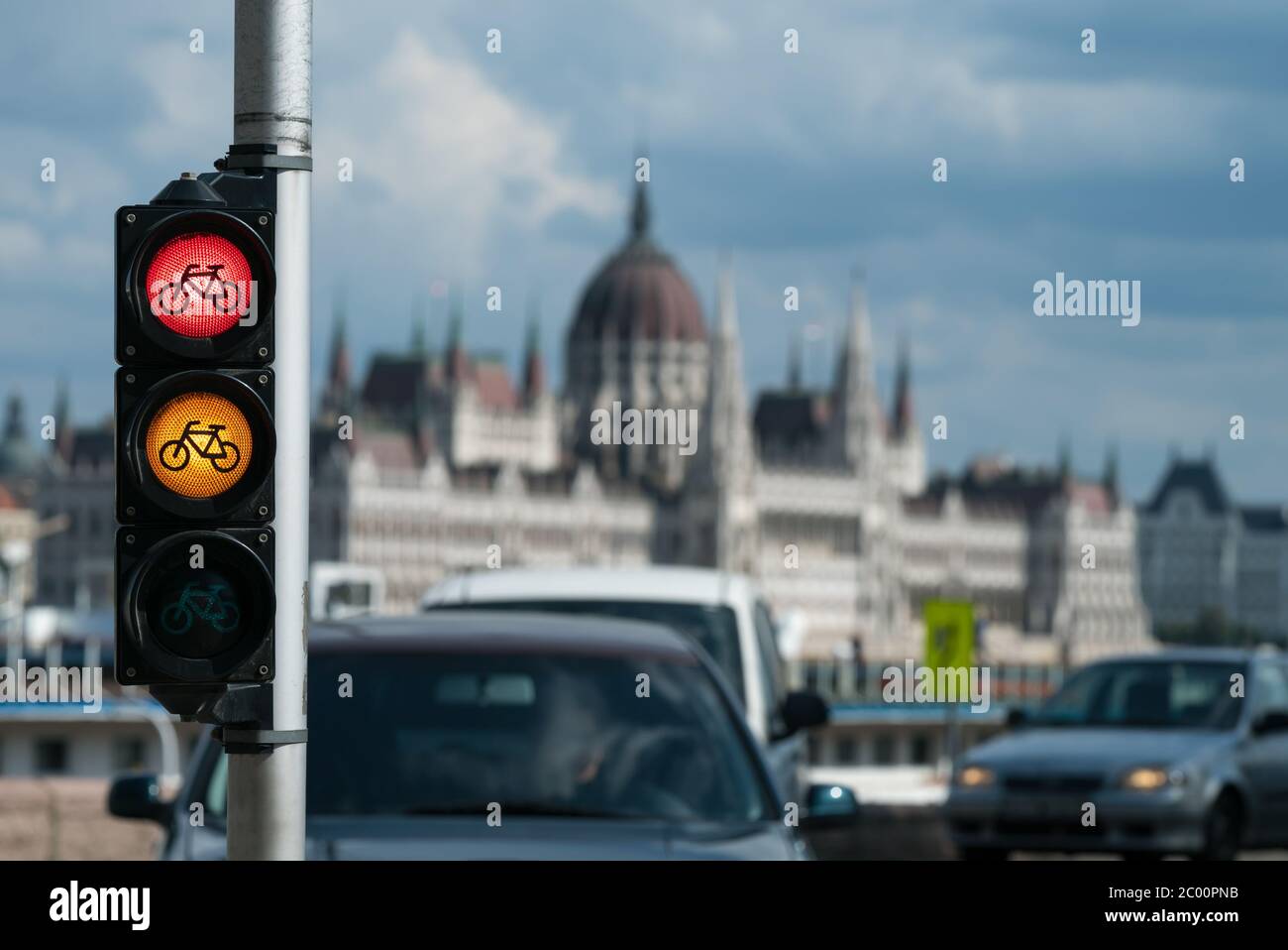 Bicycle traffic light sequence. Stop, prepare to go. Stock photo. Stock Photo